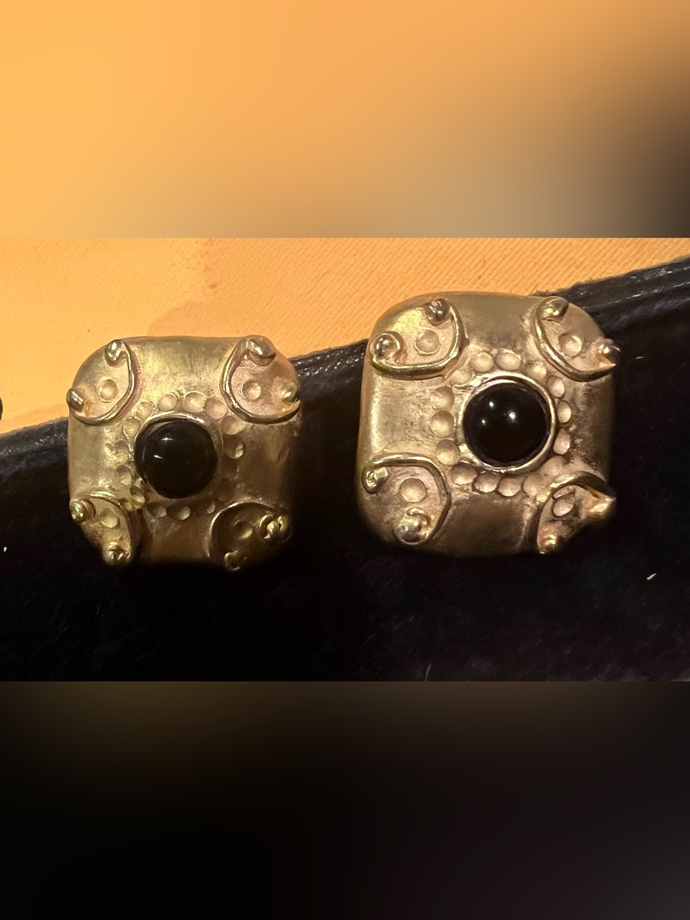 Vintage 80s Gold-tone Square Earrings with Black Cabochons